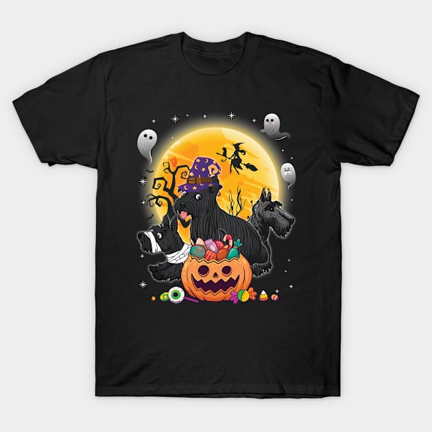 Scottish Terrier Dog Mummy Witch Moon Ghosts Happy Halloween Thanksgiving Merry Christmas Day T-Shirt by joandraelliot